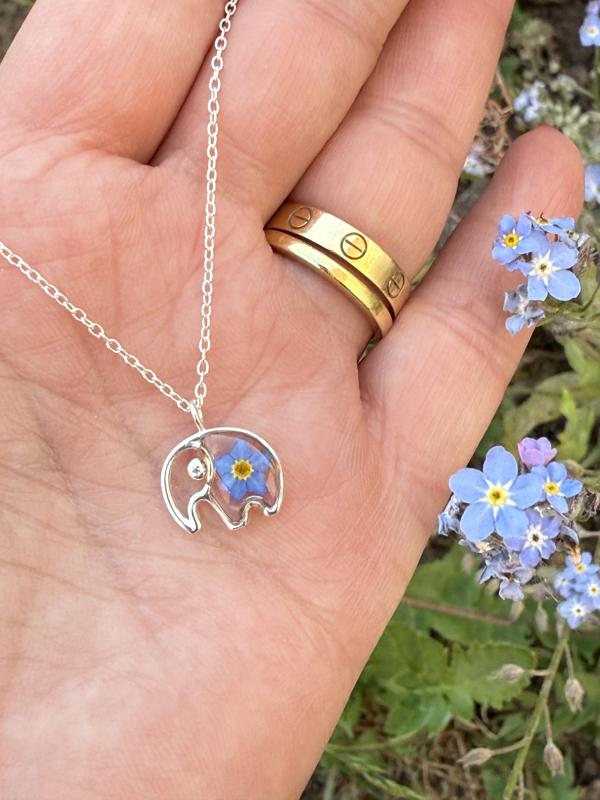 Elephant necklace with real forget me not flower | Sterling Silver